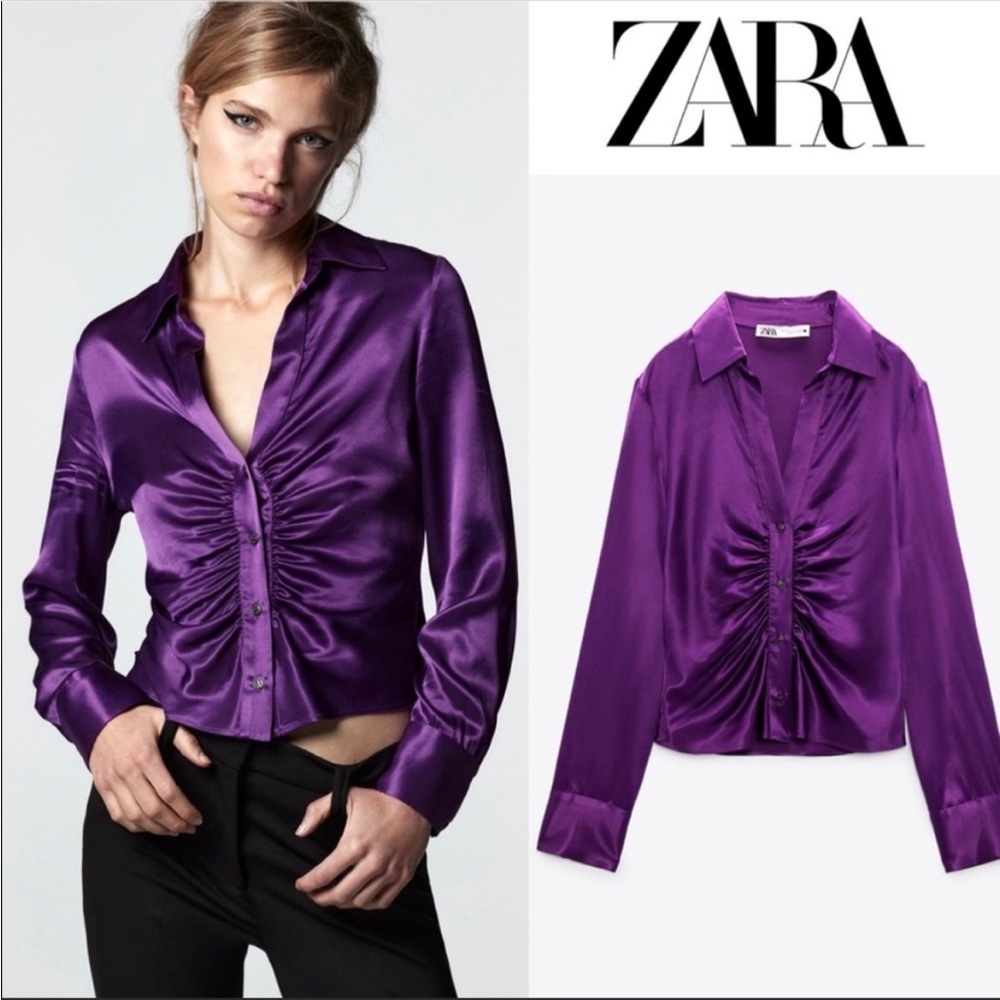 Zara Purple ruched button front satin collard blouse